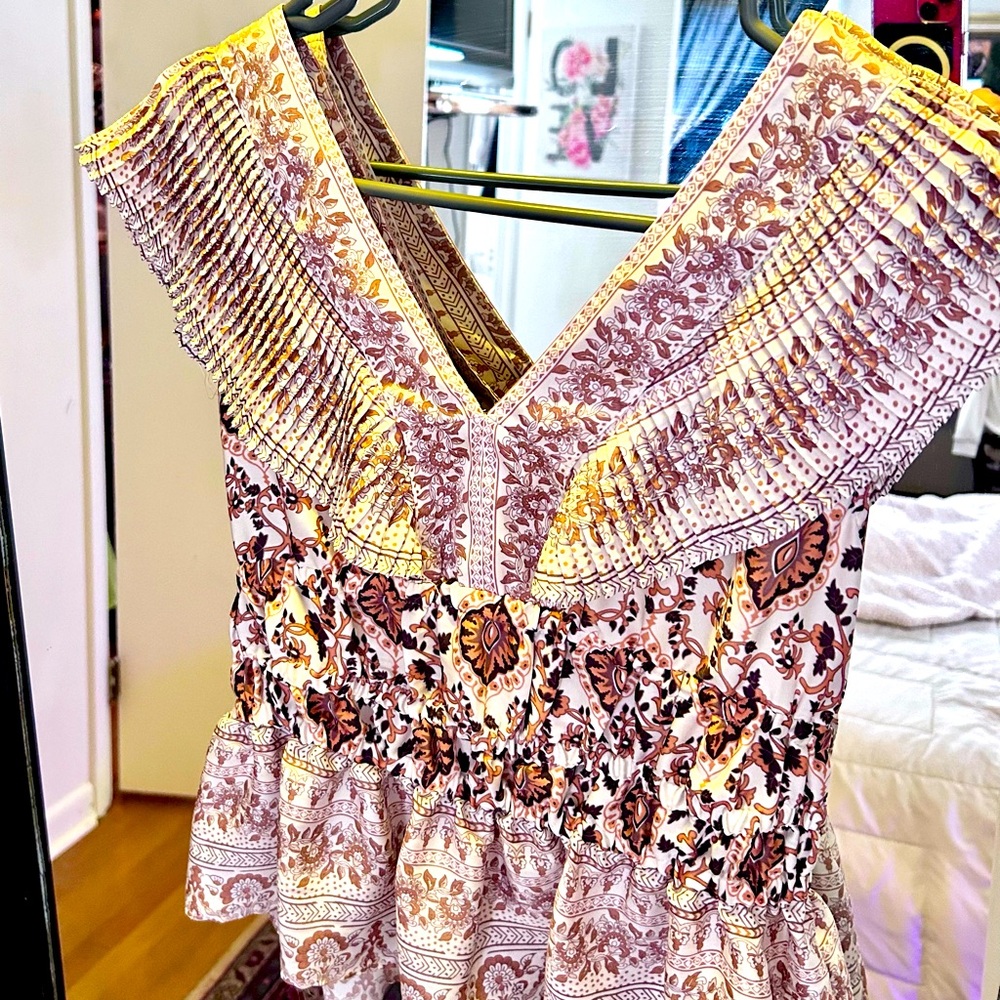 Rachel Zoe Ivory Brown Pleated V Neck Boho Sleeveless Top XS